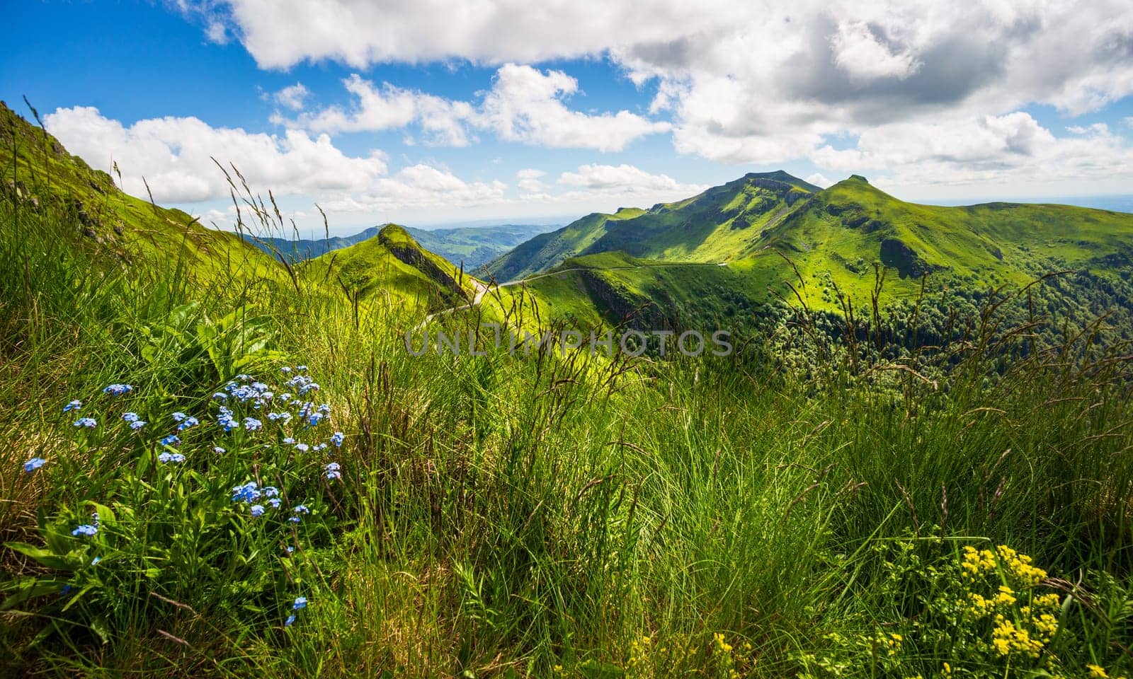 Panoramic landscape of volcanic mountains (view from Puy Mary, Massif Central, France)