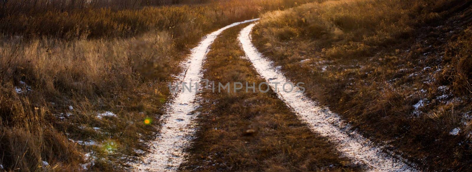 crisp winter morning  with frosty trees and country road