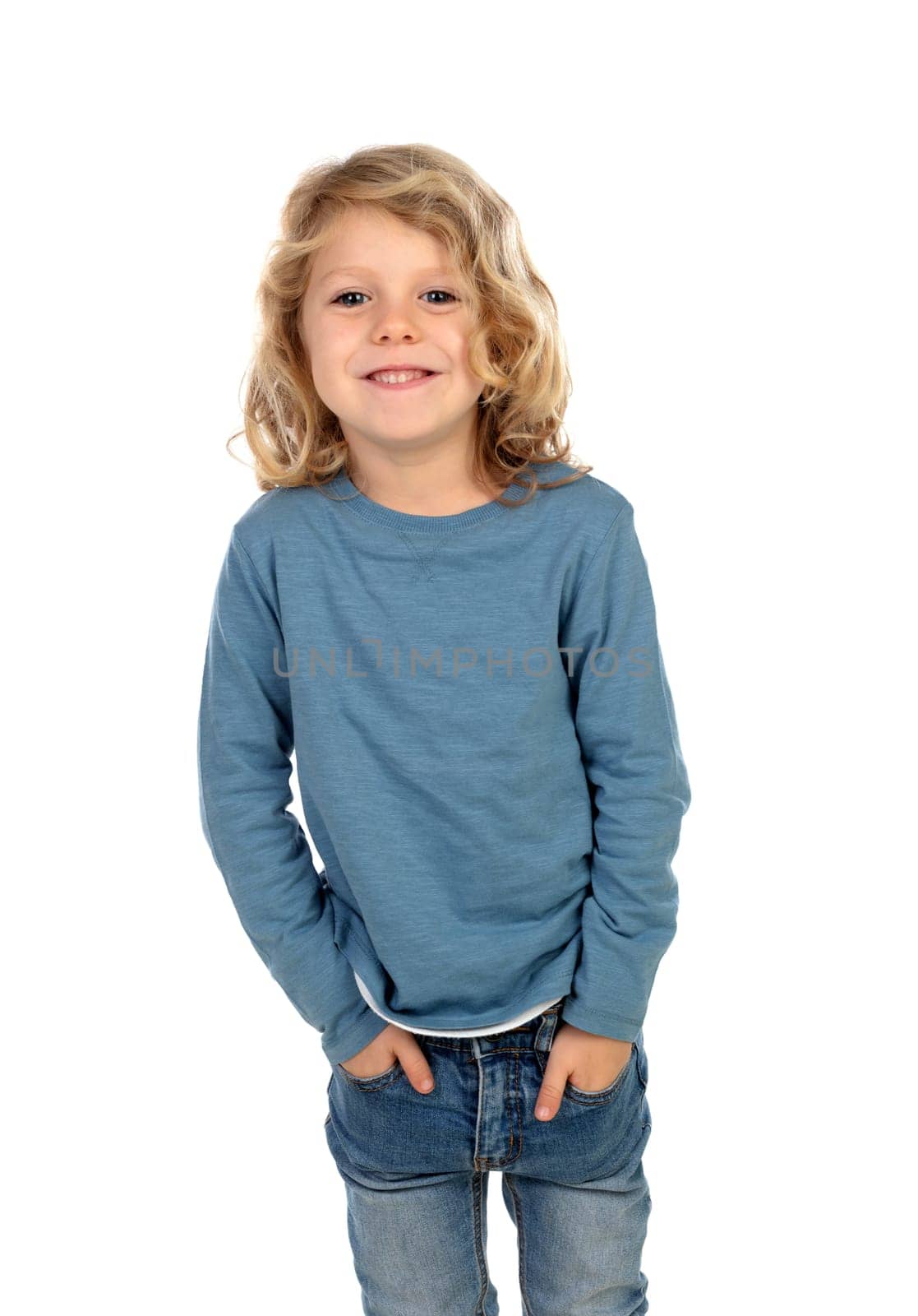 Happy blond child with long hair isolated on a white background