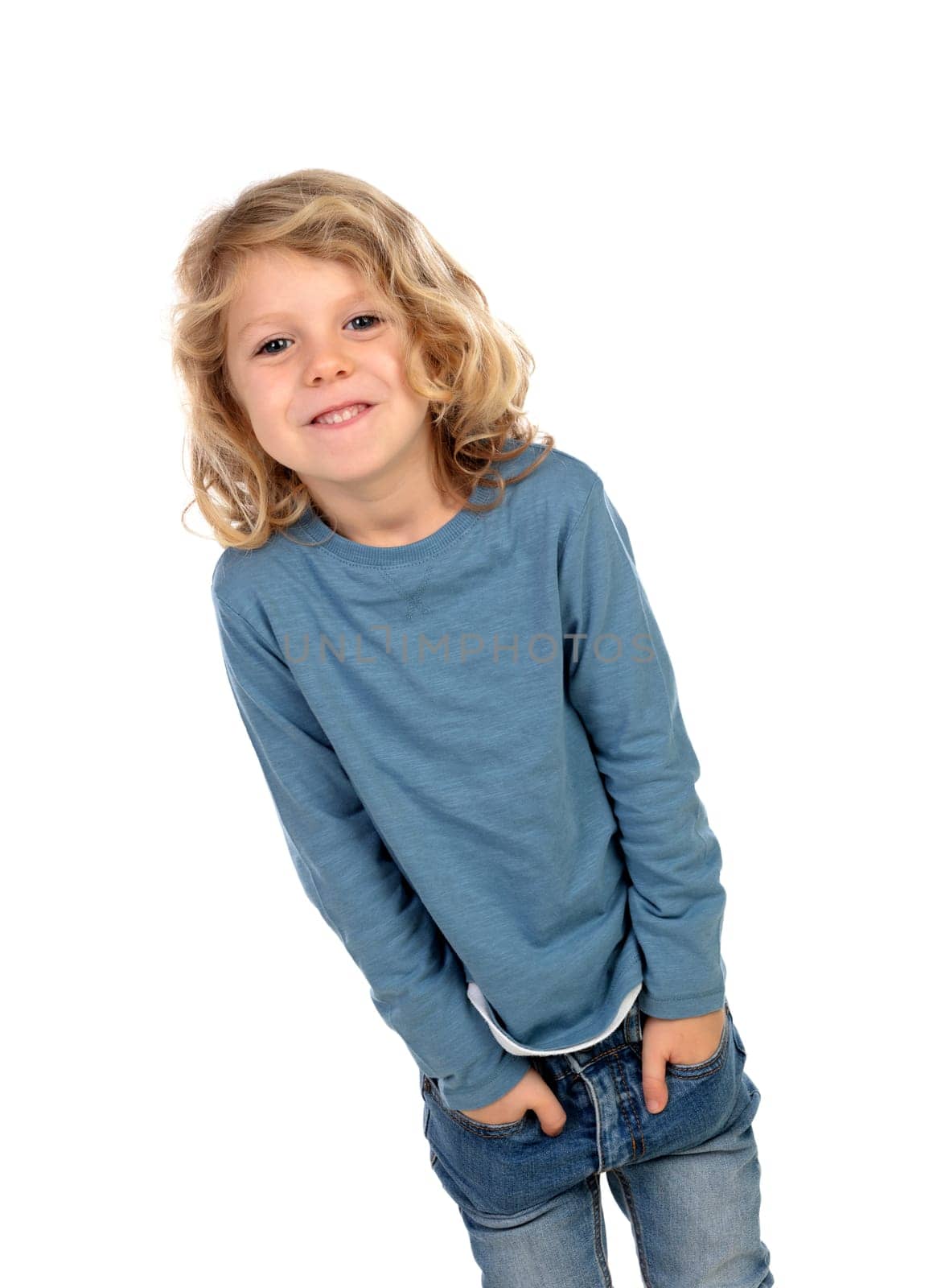 Happy blond child with long hair isolated on a white background