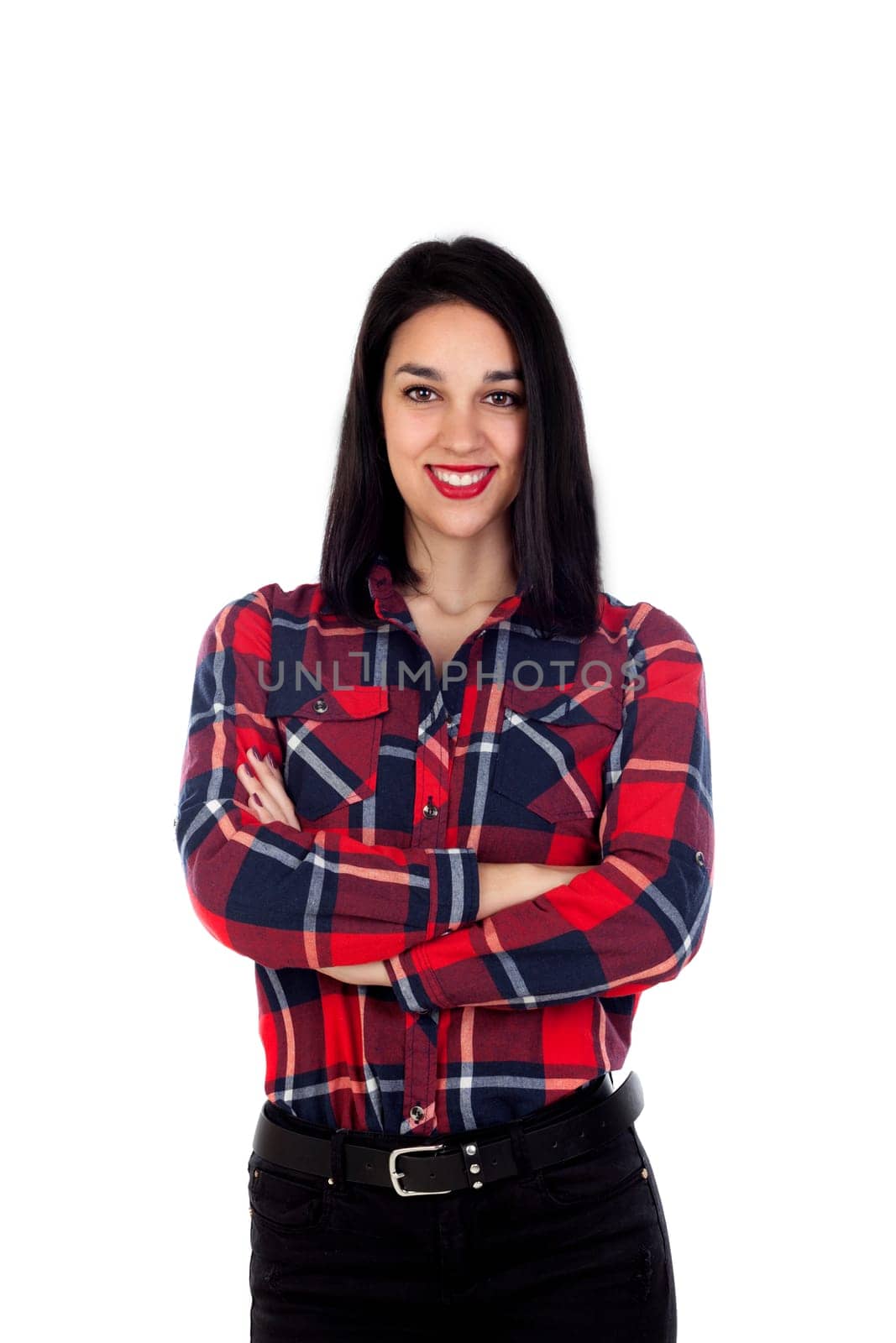 Casual brunette girl with red plaid shirt isolated on a white background