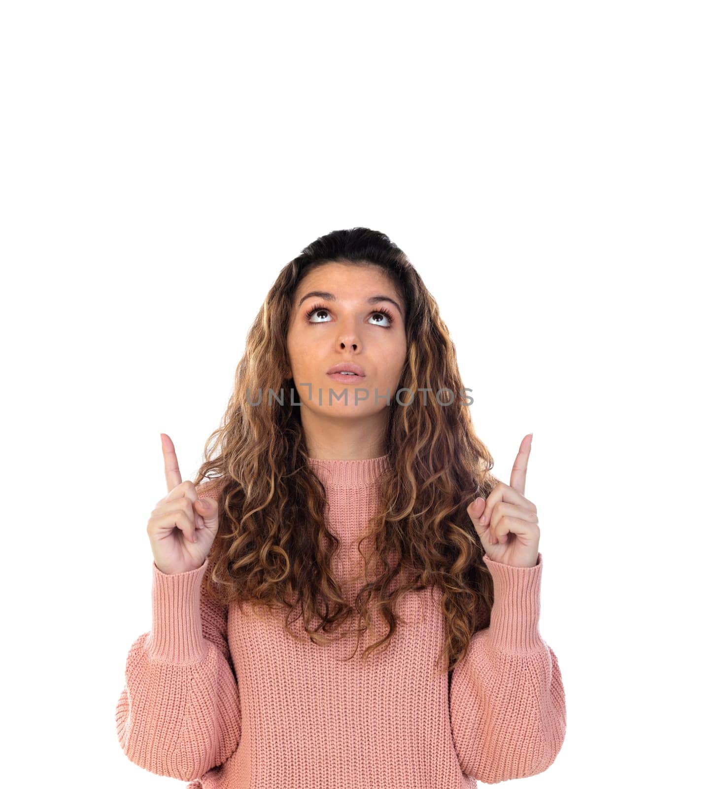 Beautiful middle aged woman with pink woolen sweater isolated on a white background