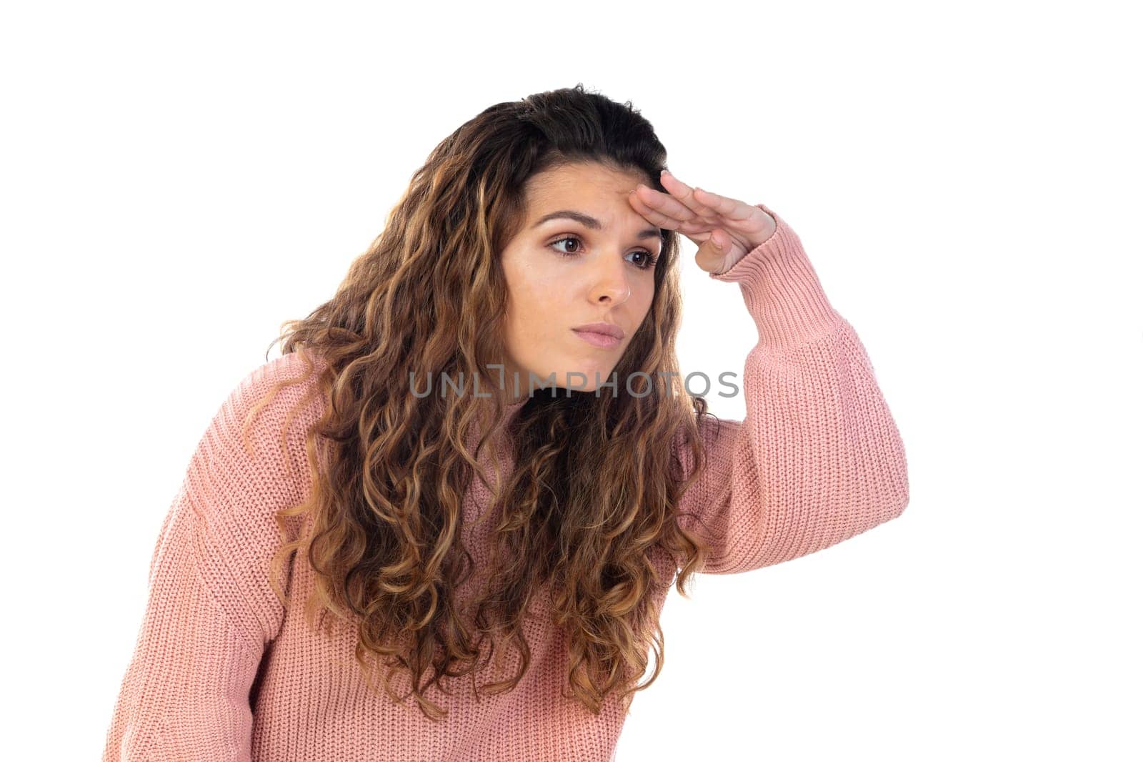 Beautiful middle aged woman with pink woolen sweater isolated on a white background