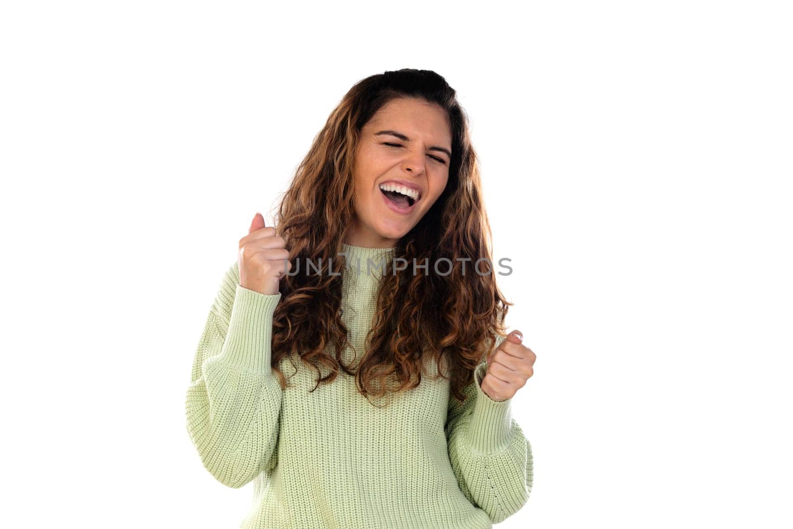 Beautiful woman with wavy hair isolated on a white background