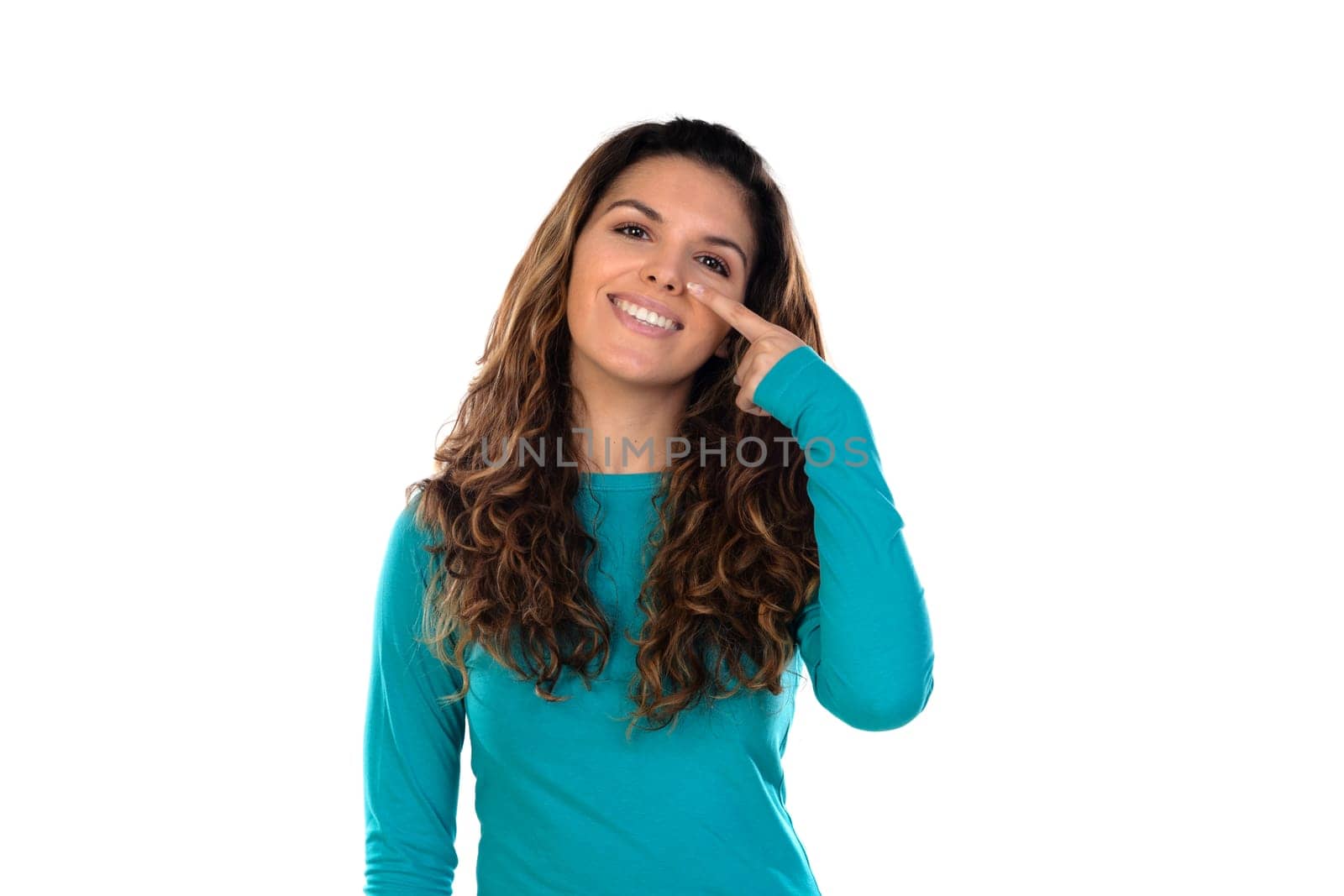 Casual woman with wavy and long hair isolated on a white background