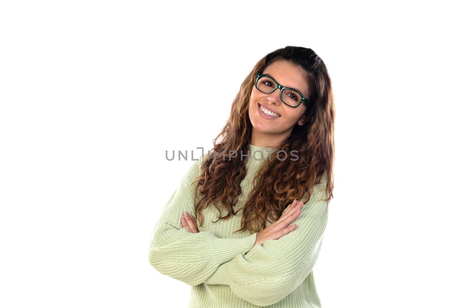Beautiful woman with wavy hair isolated on a white background