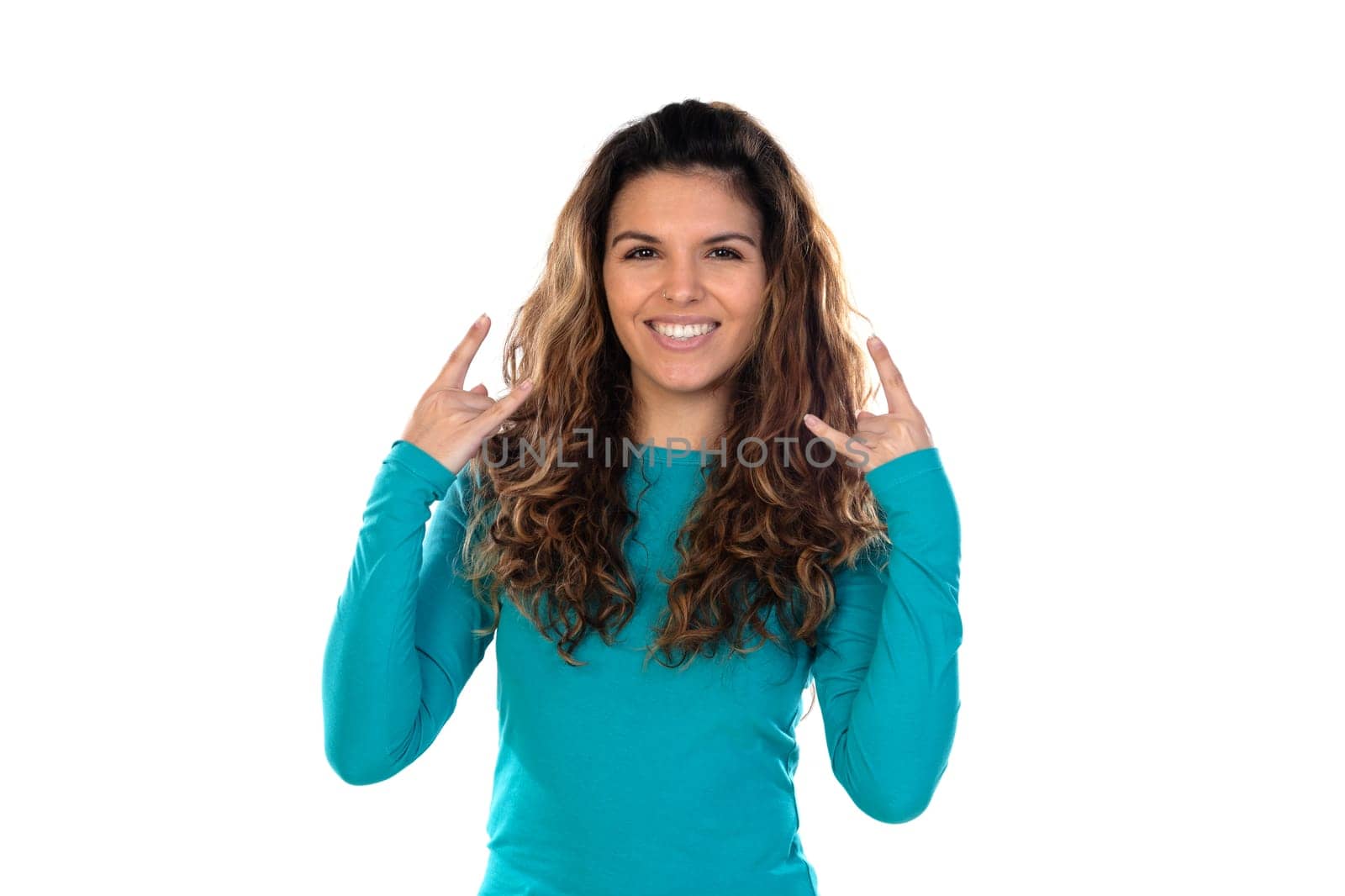 Casual woman with wavy and long hair isolated on a white background