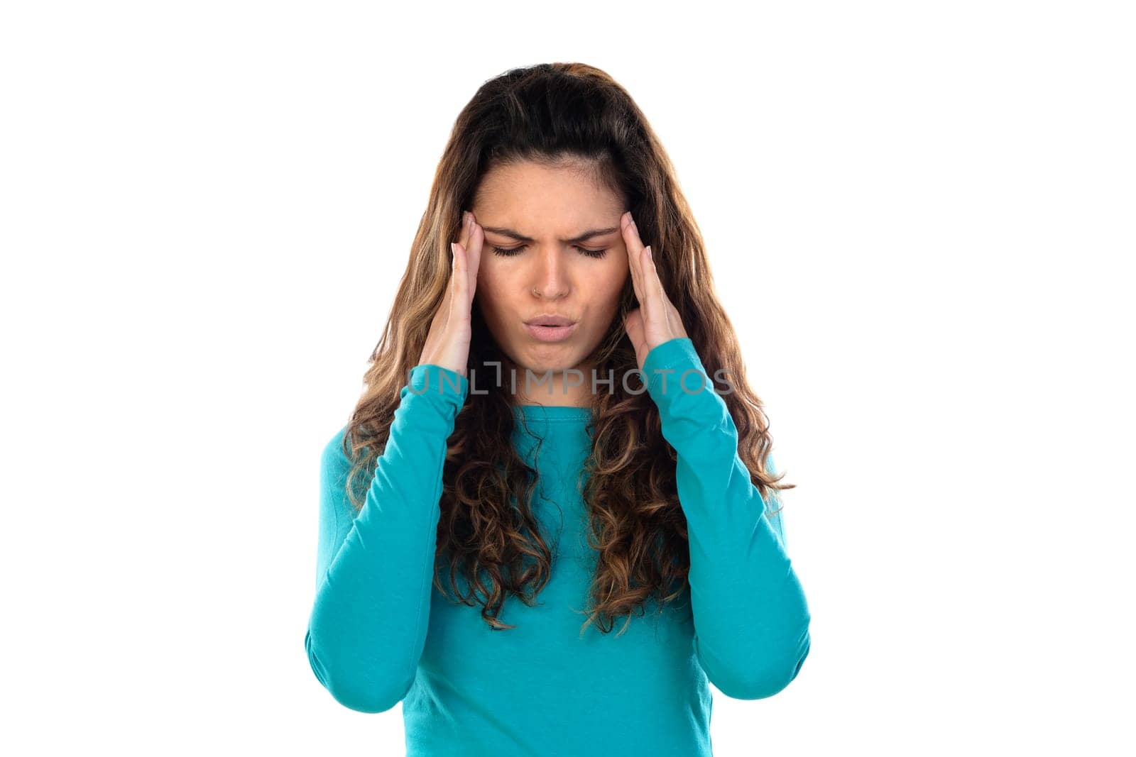 Casual woman with wavy and long hair isolated on a white background