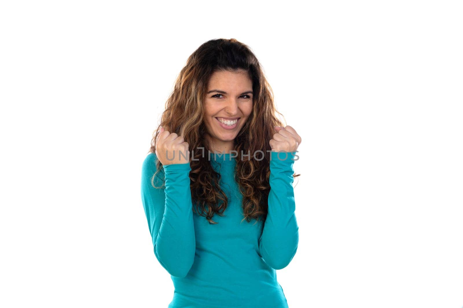 Casual woman with wavy and long hair isolated on a white background