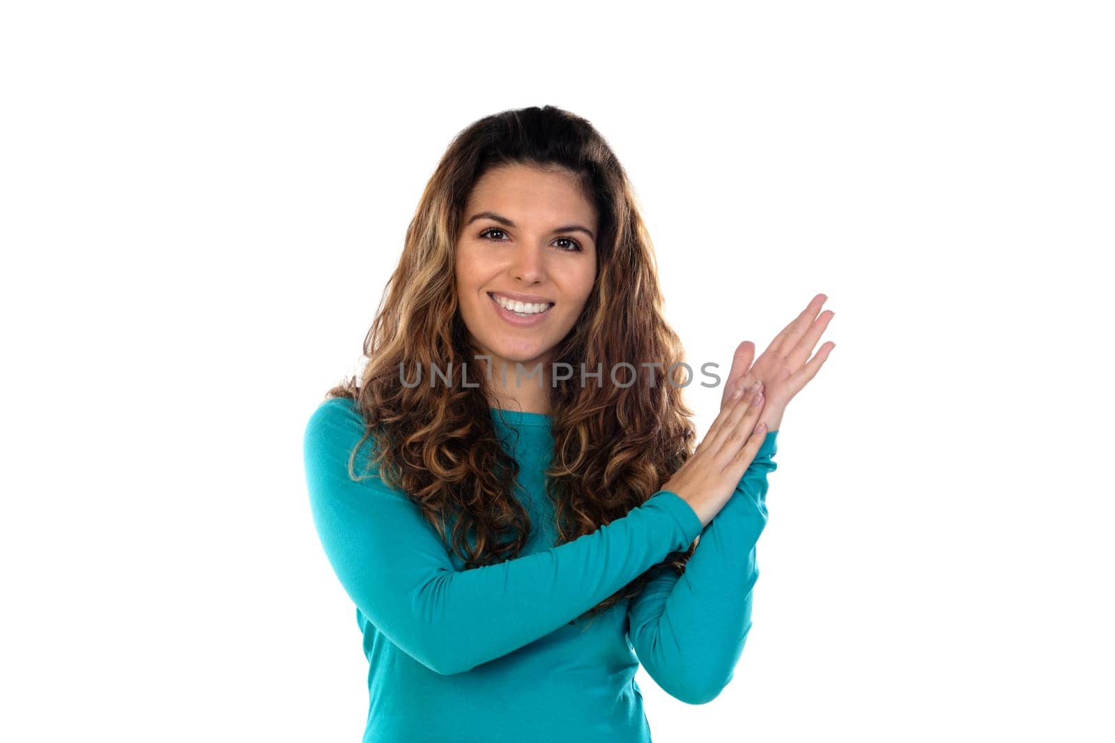 Casual woman with wavy and long hair isolated on a white background