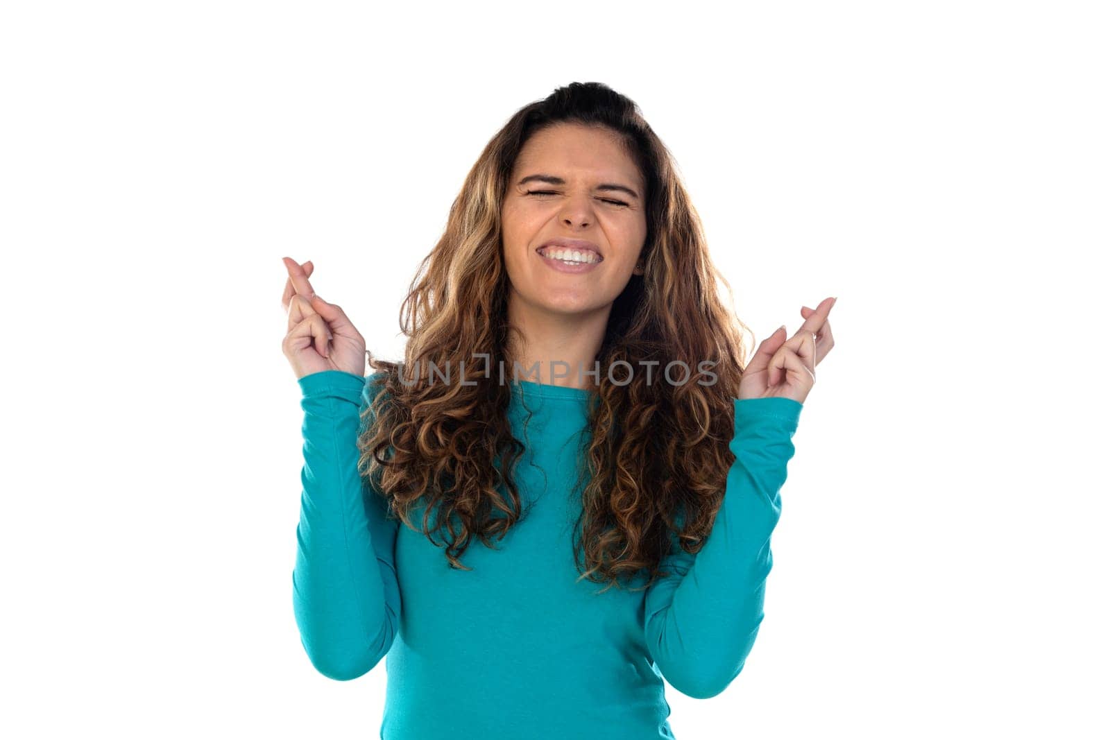 Casual woman with wavy and long hair isolated on a white background