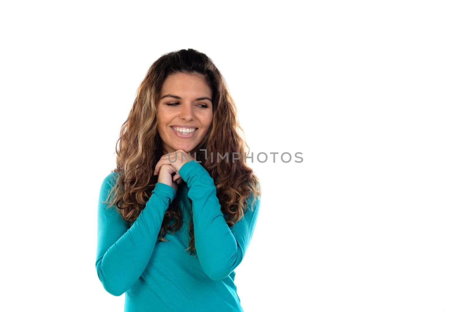 Casual woman with wavy and long hair isolated on a white background