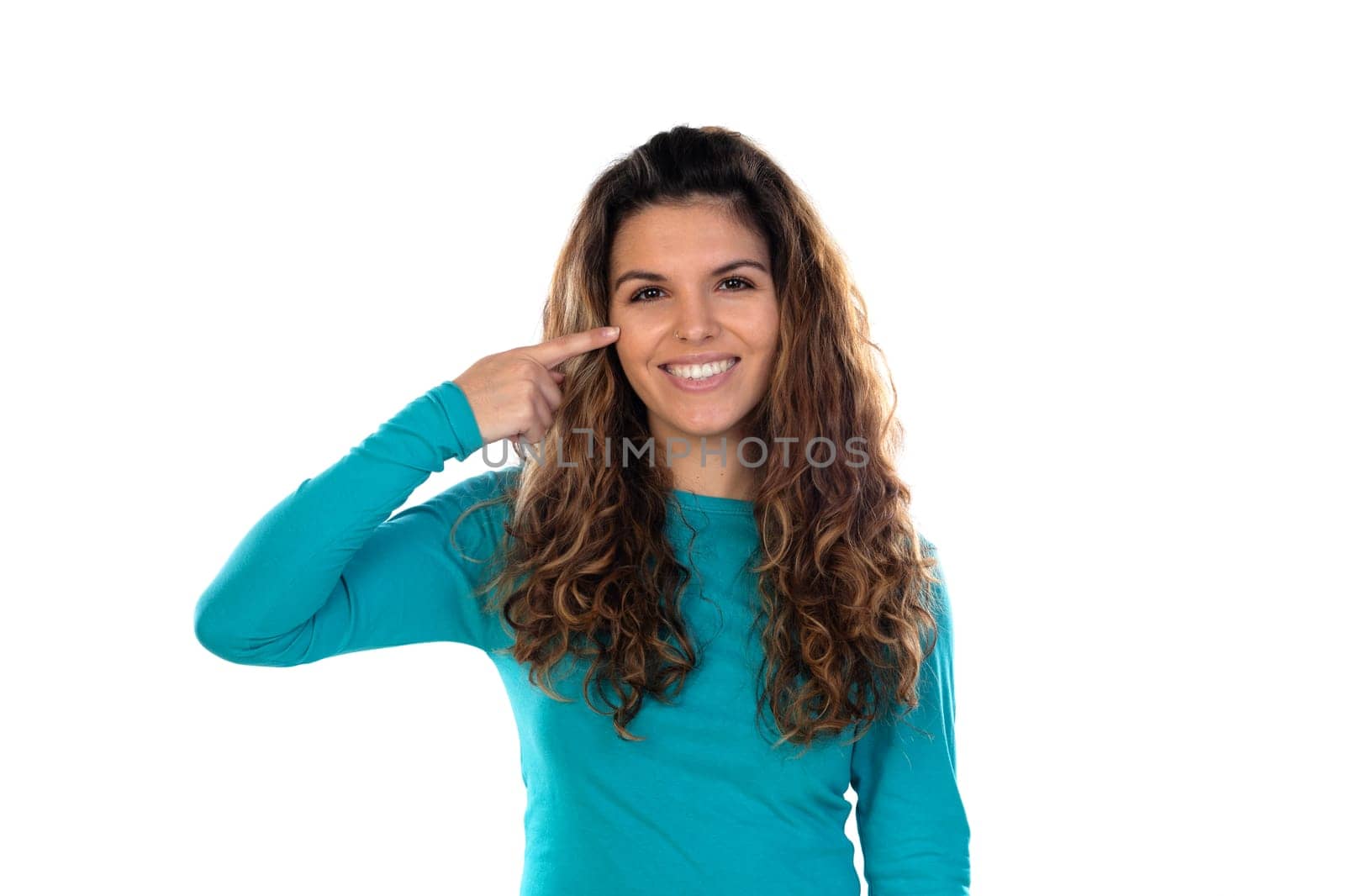 Casual woman with wavy and long hair isolated on a white background