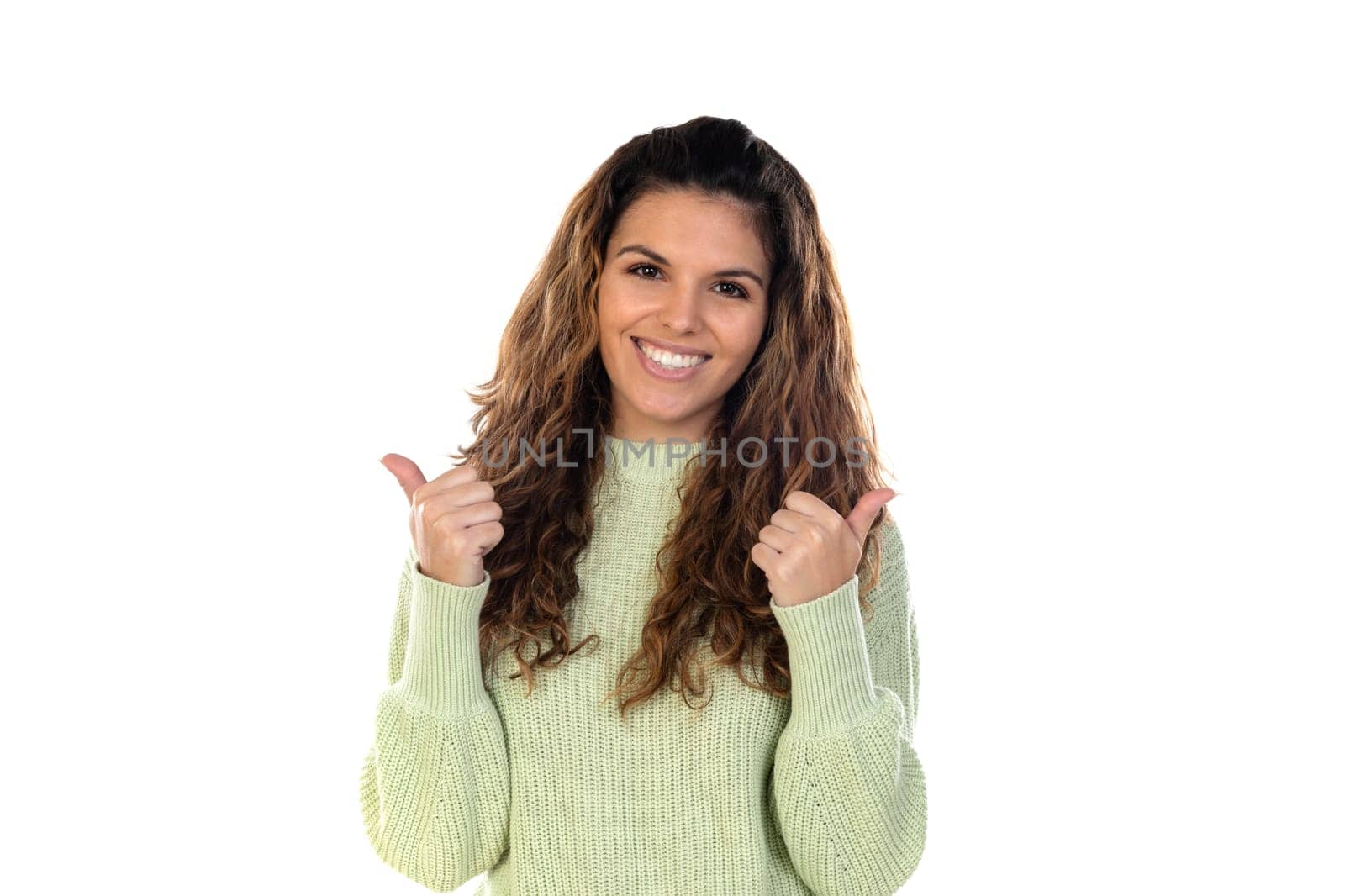 Beautiful middle aged woman with green woolen sweater isolated on a white background
