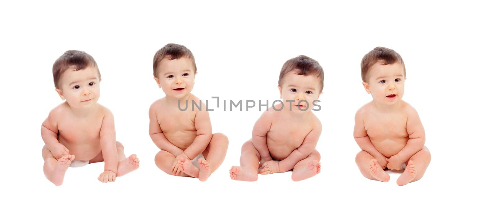 Four equal babies sitting on the floor isolated on a white background