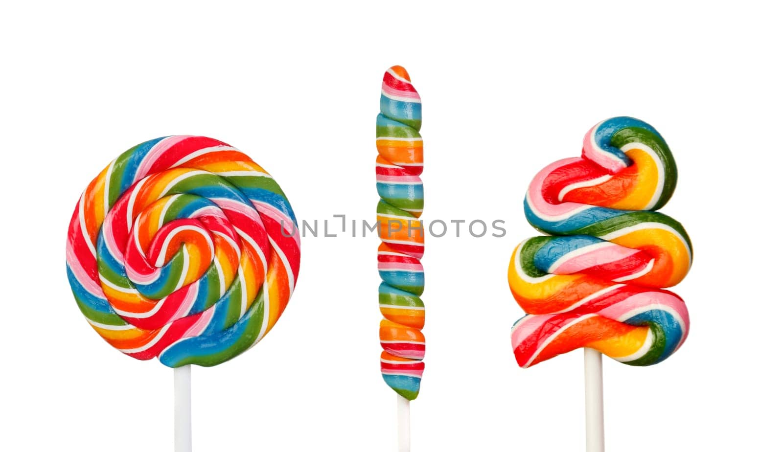 Three lollipops with many colors and different shapes isolated on a white background