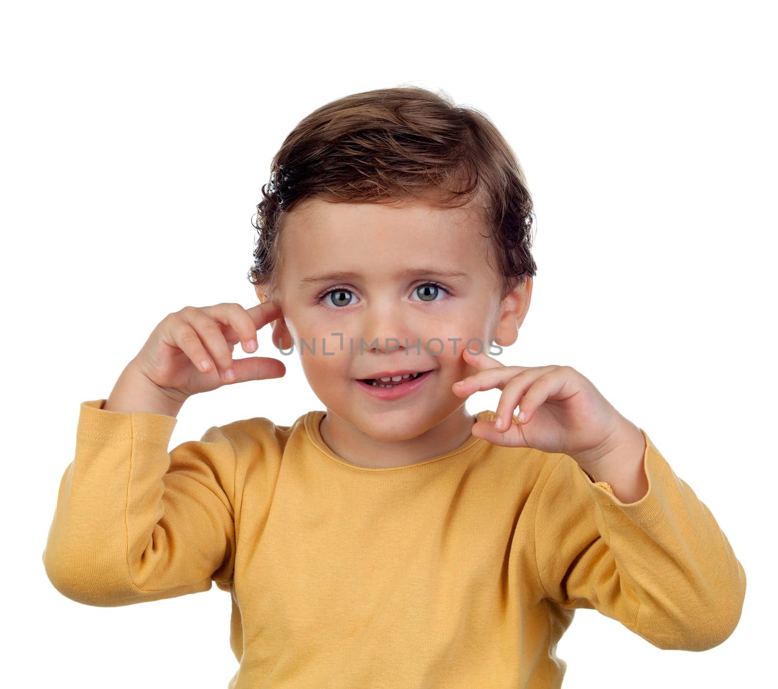 Shy small child two years old isolated on a white background