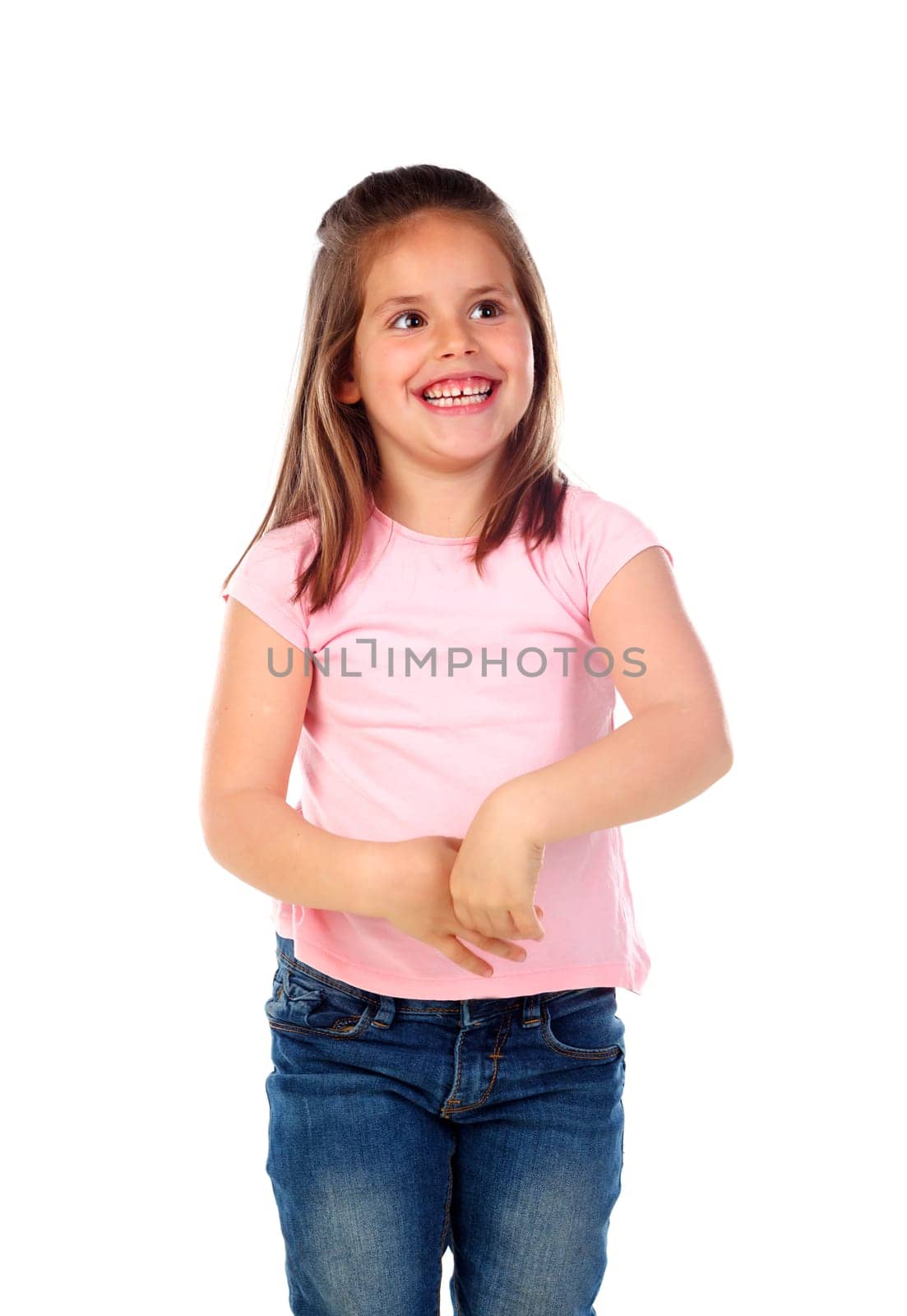 Happy small girl with straight hair isolated on a white background