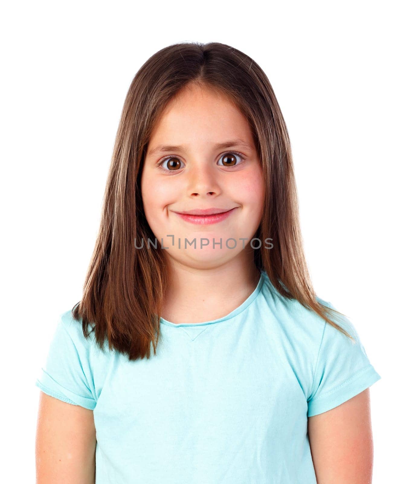 Happy small girl with straight hair isolated on a white background