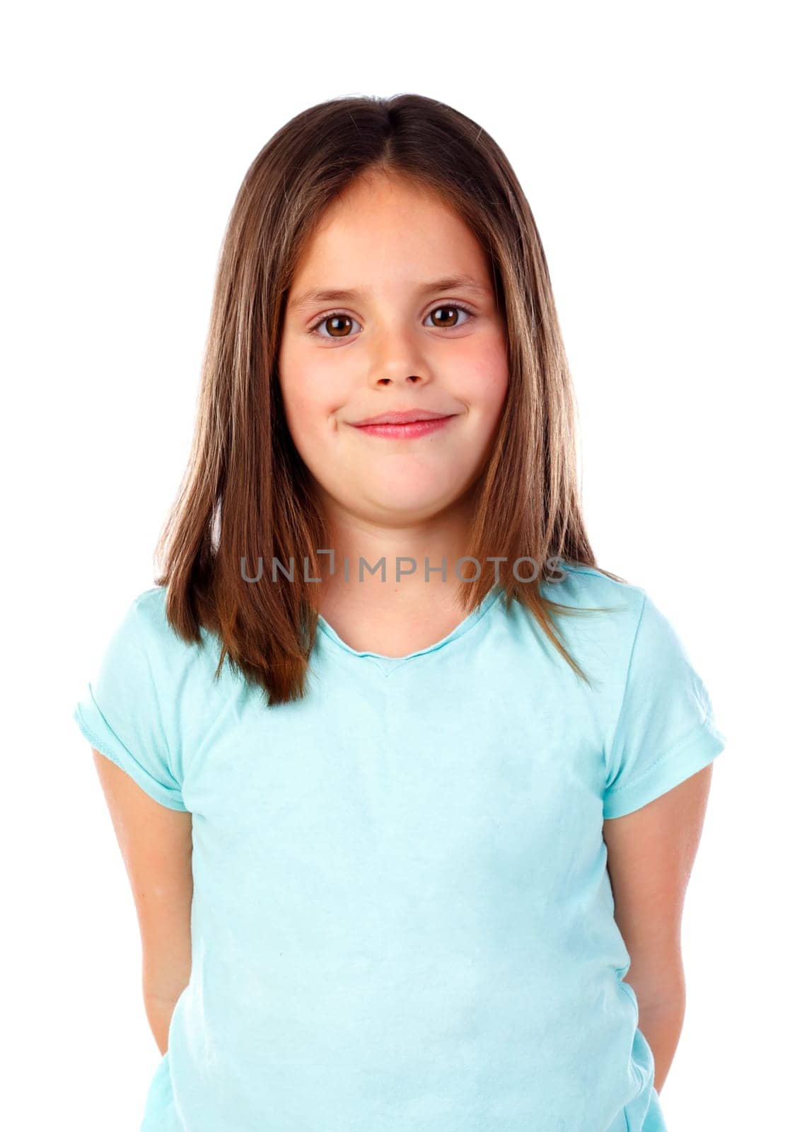 Happy small girl with straight hair isolated on a white background
