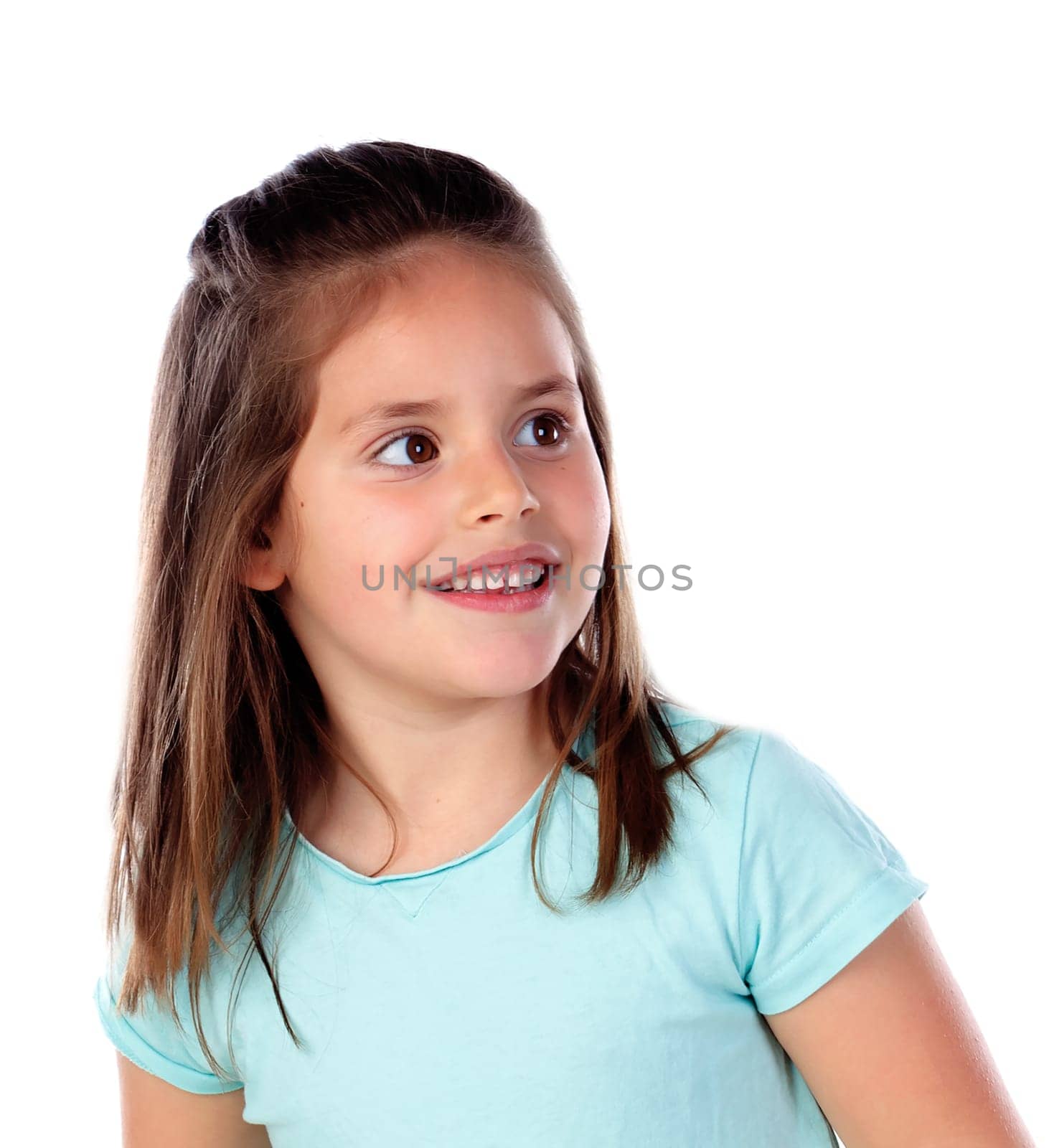 Happy small girl with straight hair isolated on a white background