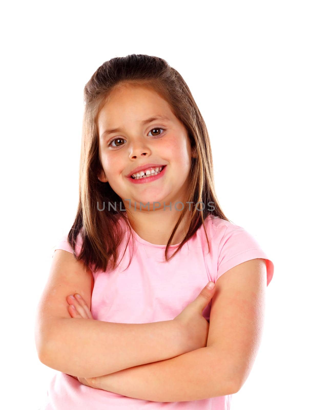 Happy small girl with straight hair isolated on a white background