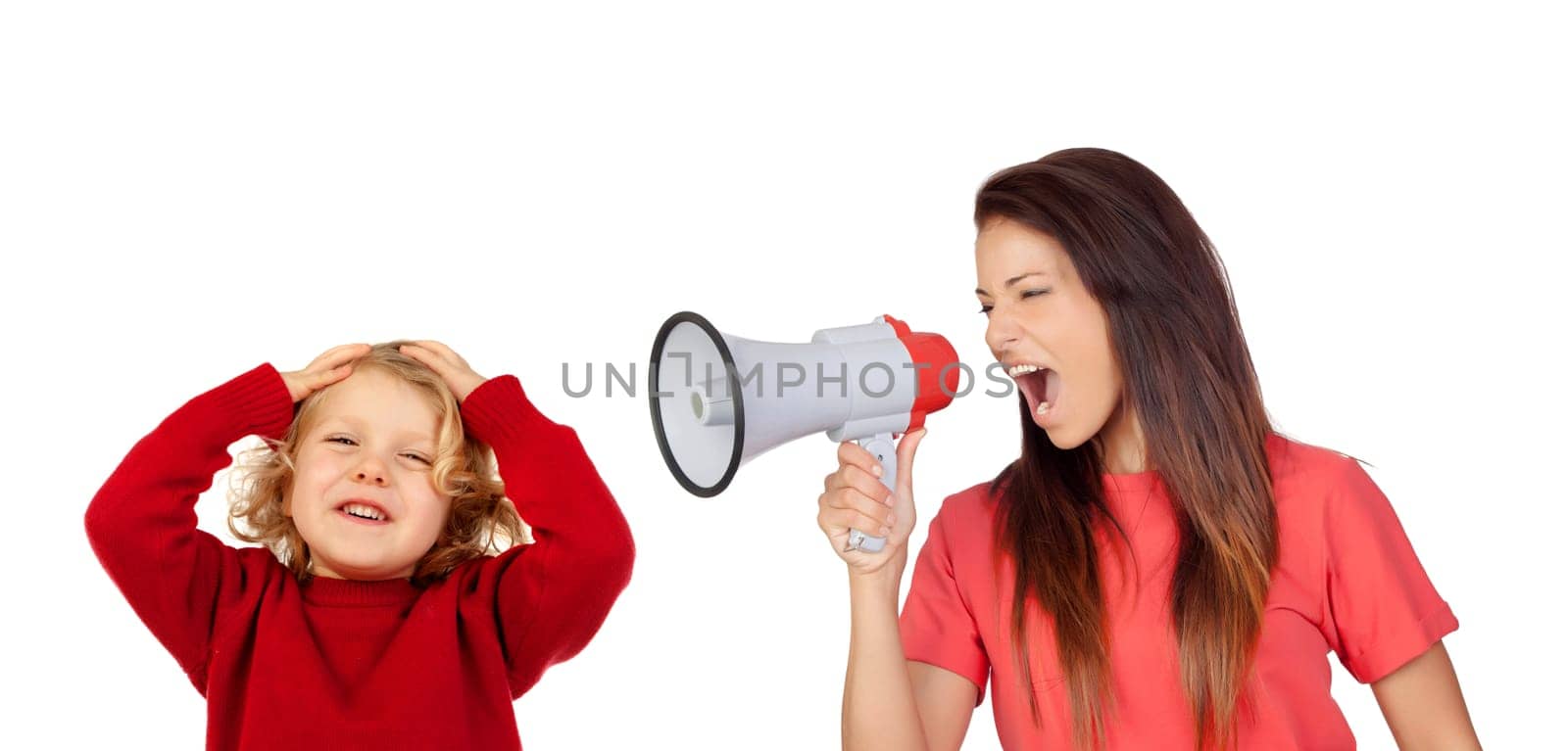 Craizy mum shouting by a megaphone to her son isolated on a white background