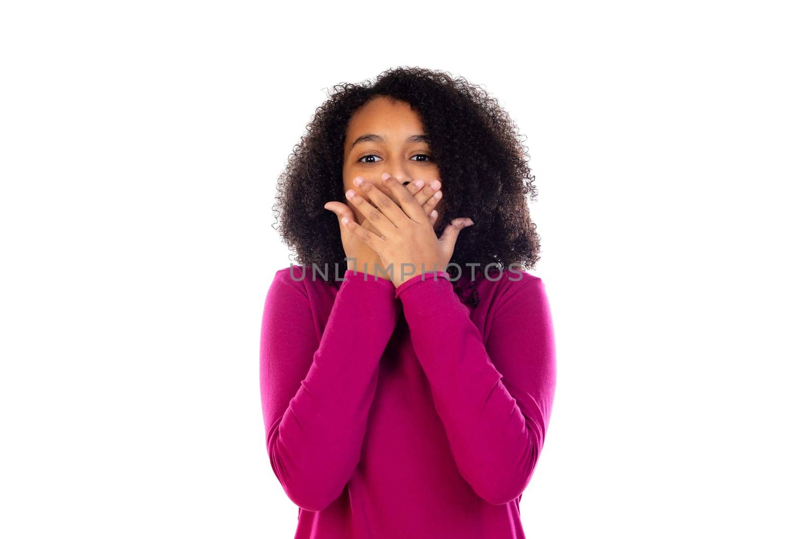 Beautiful teenager girl with pink sweater isolated on a white background