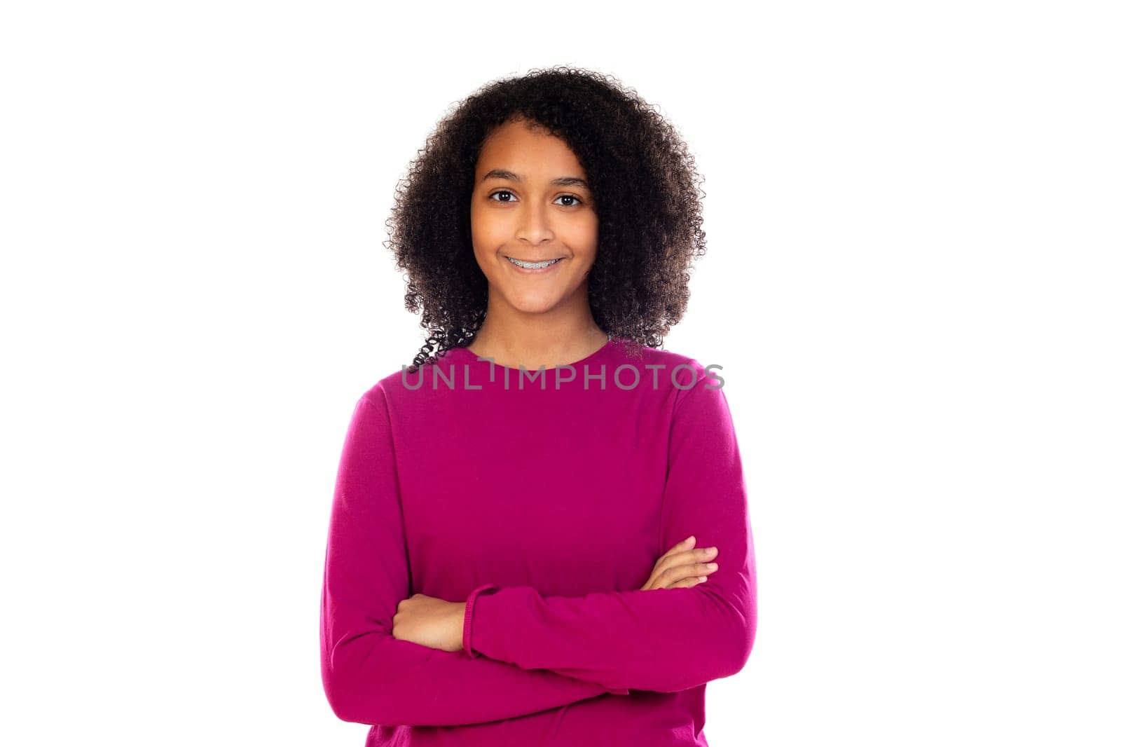 Beautiful teenager girl with pink sweater isolated on a white background