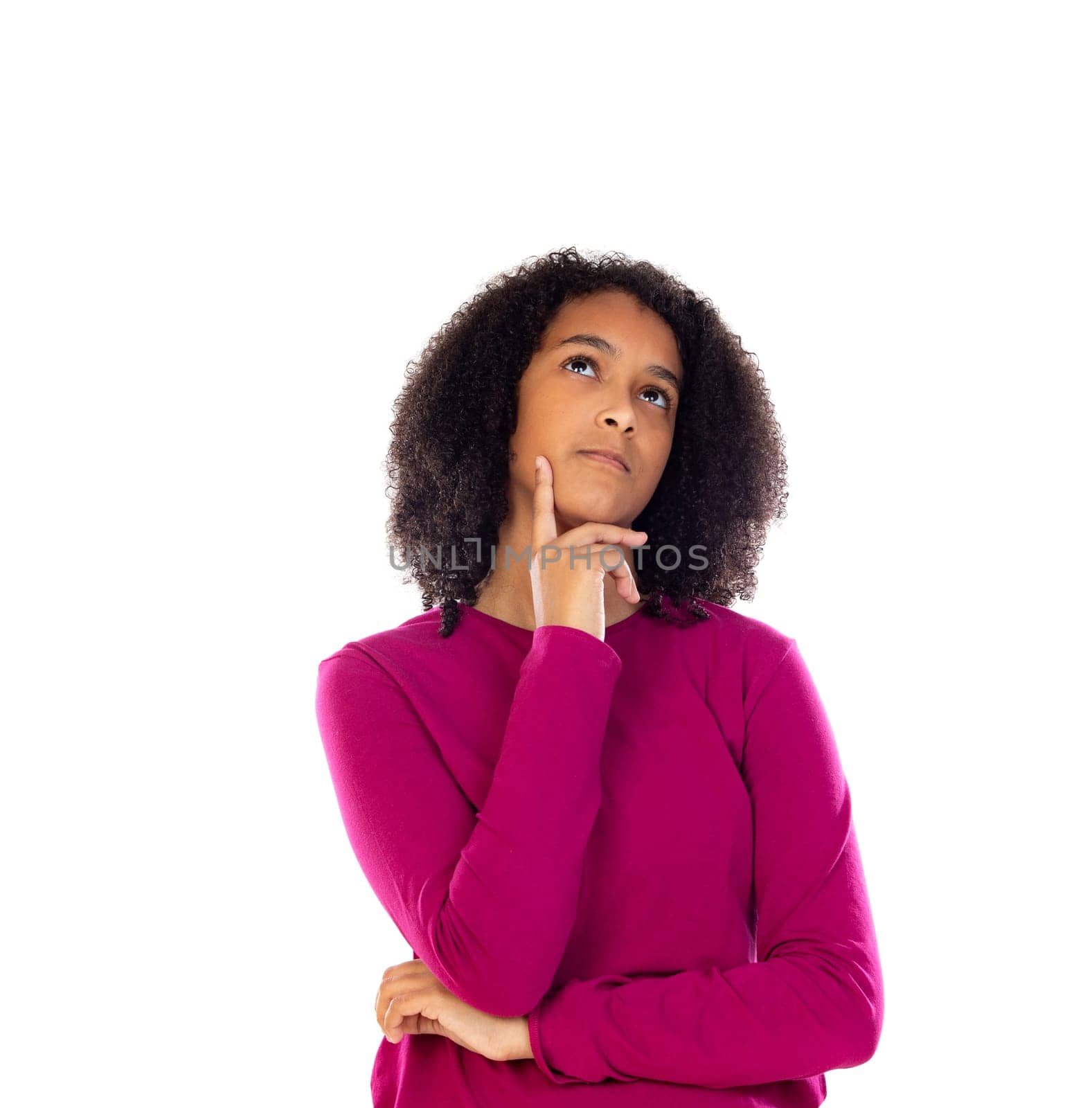 Beautiful teenager girl with pink sweater isolated on a white background