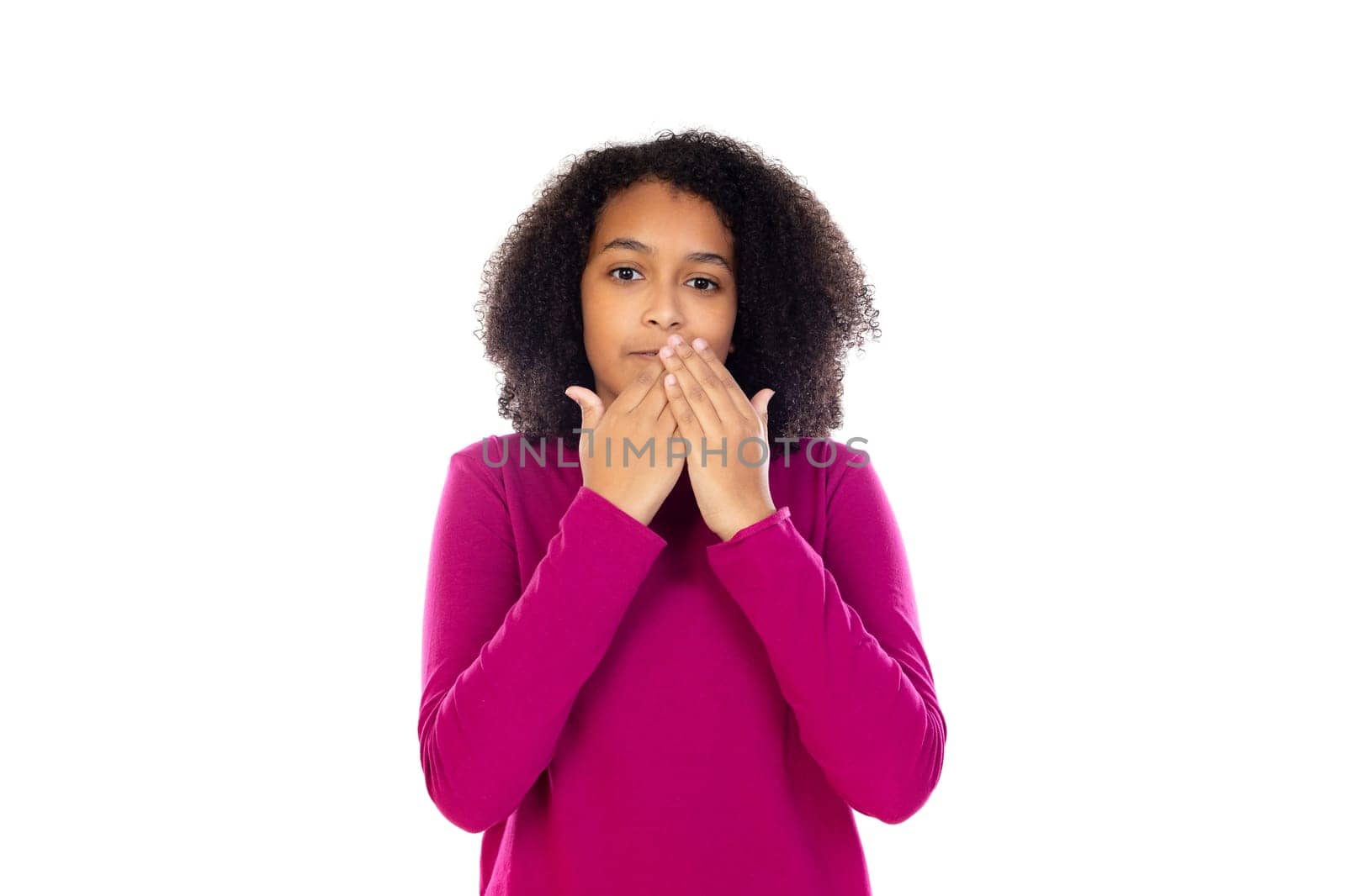 Beautiful teenager girl with pink sweater isolated on a white background