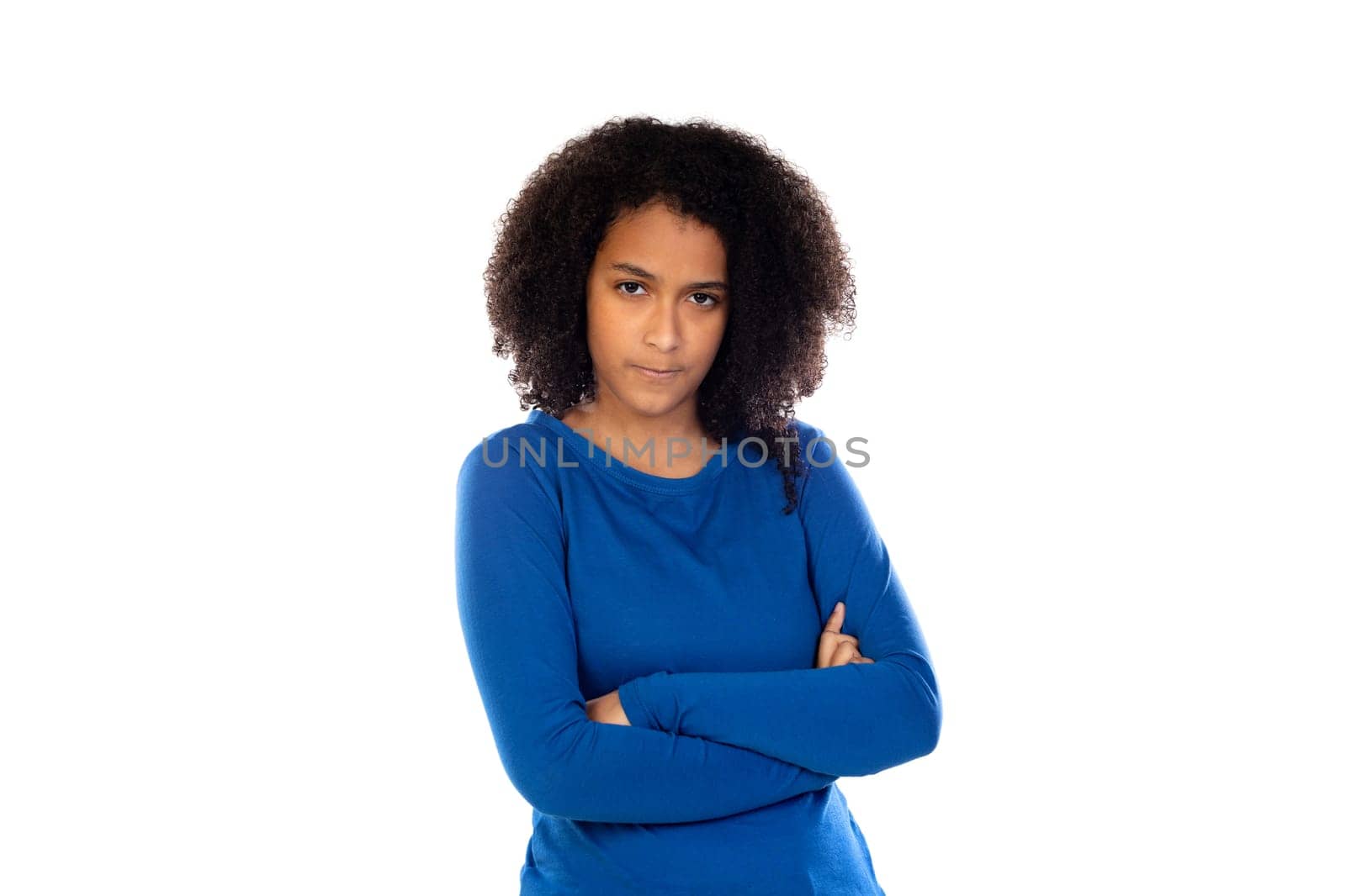 Teenager girl with afro hair wearing blue sweater isolated on a white background