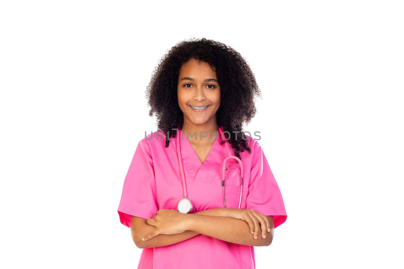 Adorable little doctor with pink uniform isolated on a white background