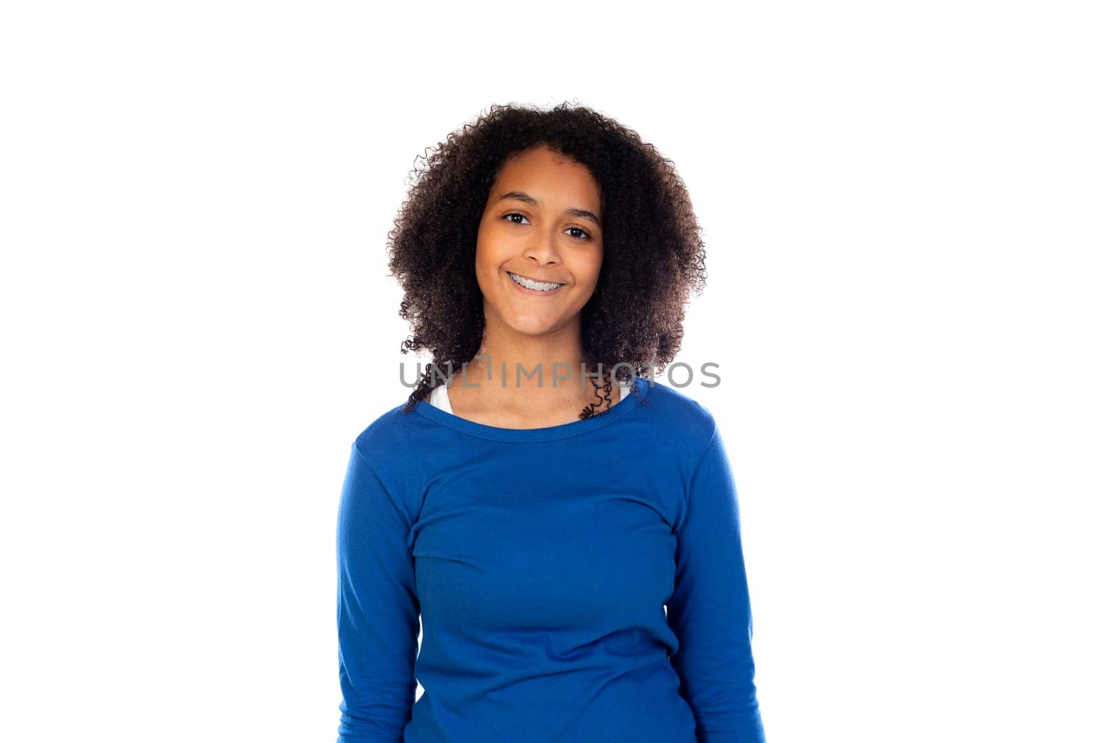 Teenager girl with afro hair wearing blue sweater isolated on a white background