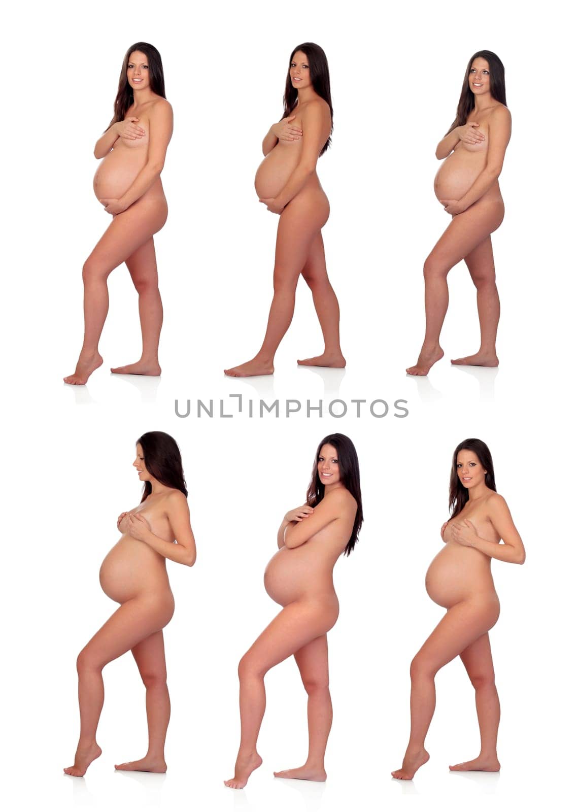 Sequence of brunette pregnant woman isolated on a white background