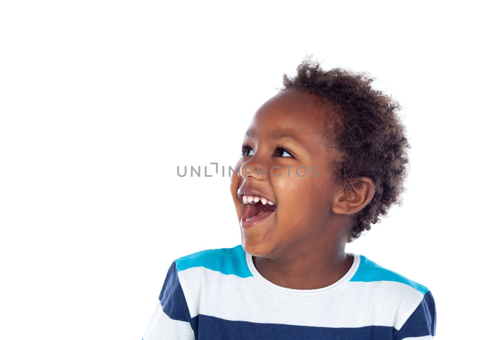 Surprised boy laughing out loud isolated on a white background