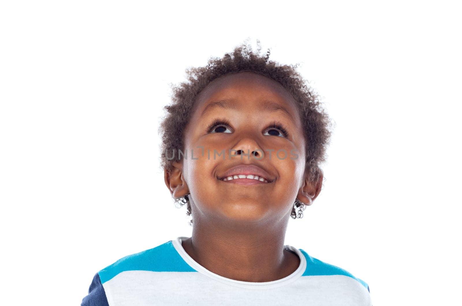 Adorable afroamerican child looking up isolated on a white background