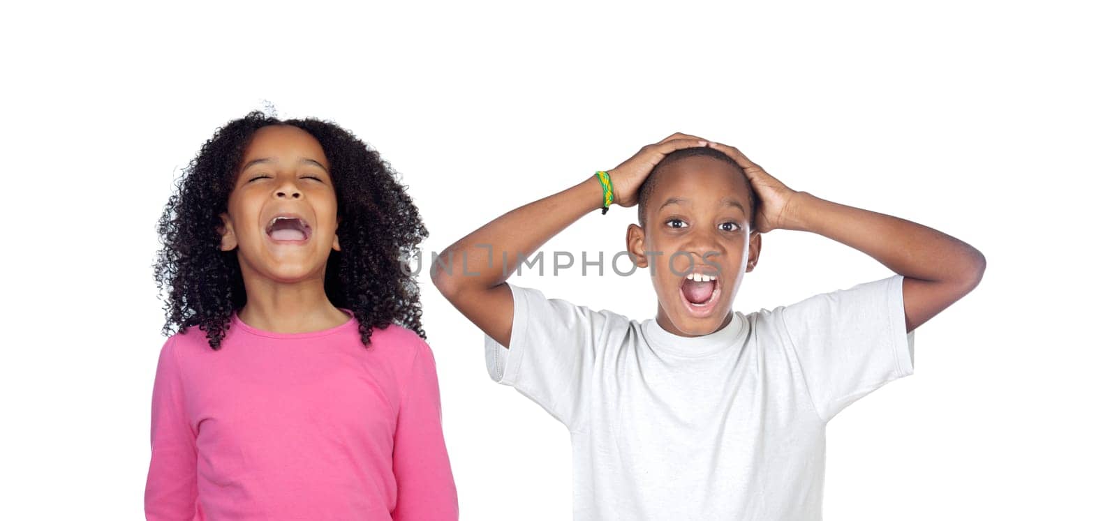 Children covering the ears and shocked by a loud sound isolated on a white background