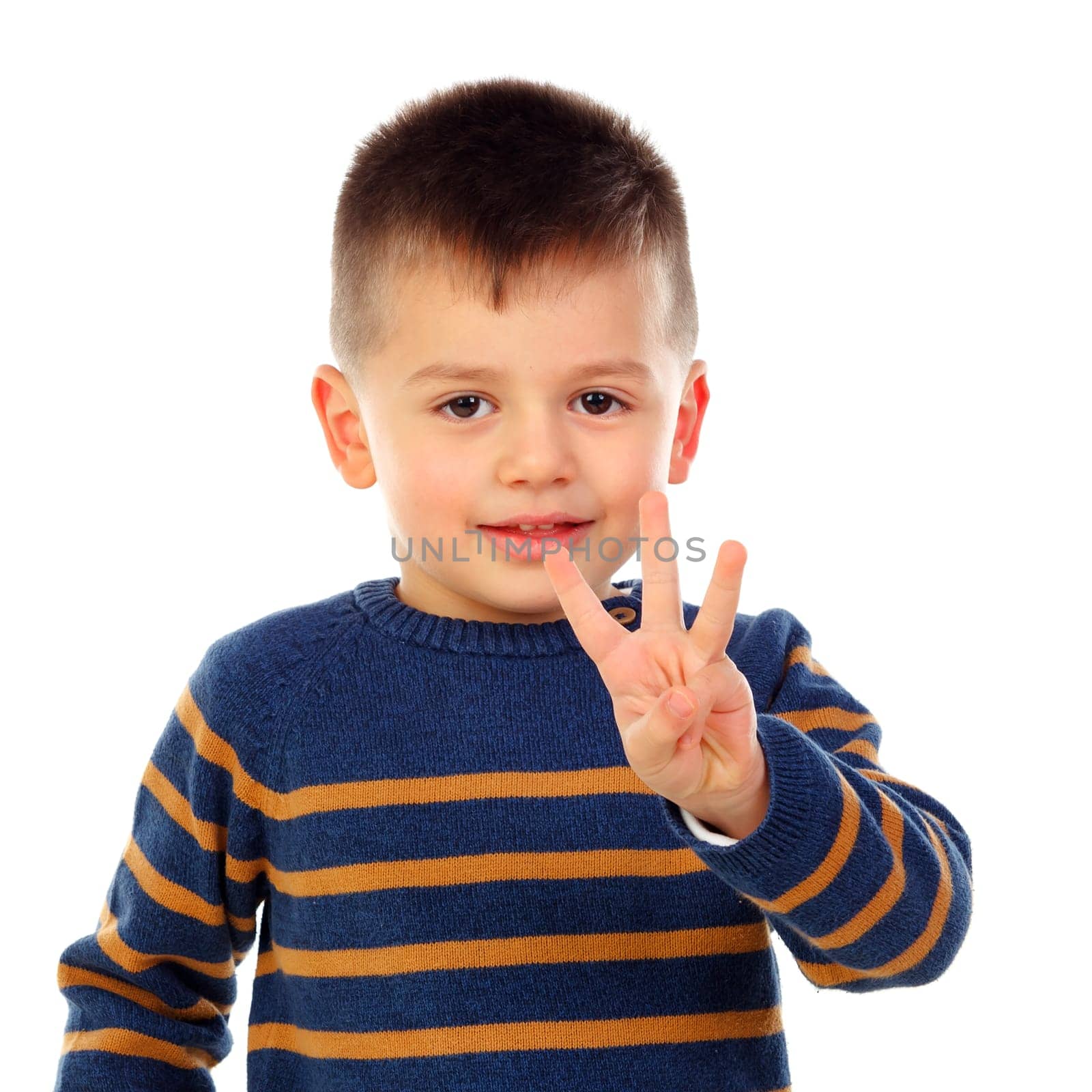 Beautiful child counting with his fingers isolated on a white background