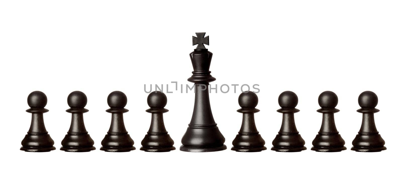 Black pawns team with it´s king isolated on a white background