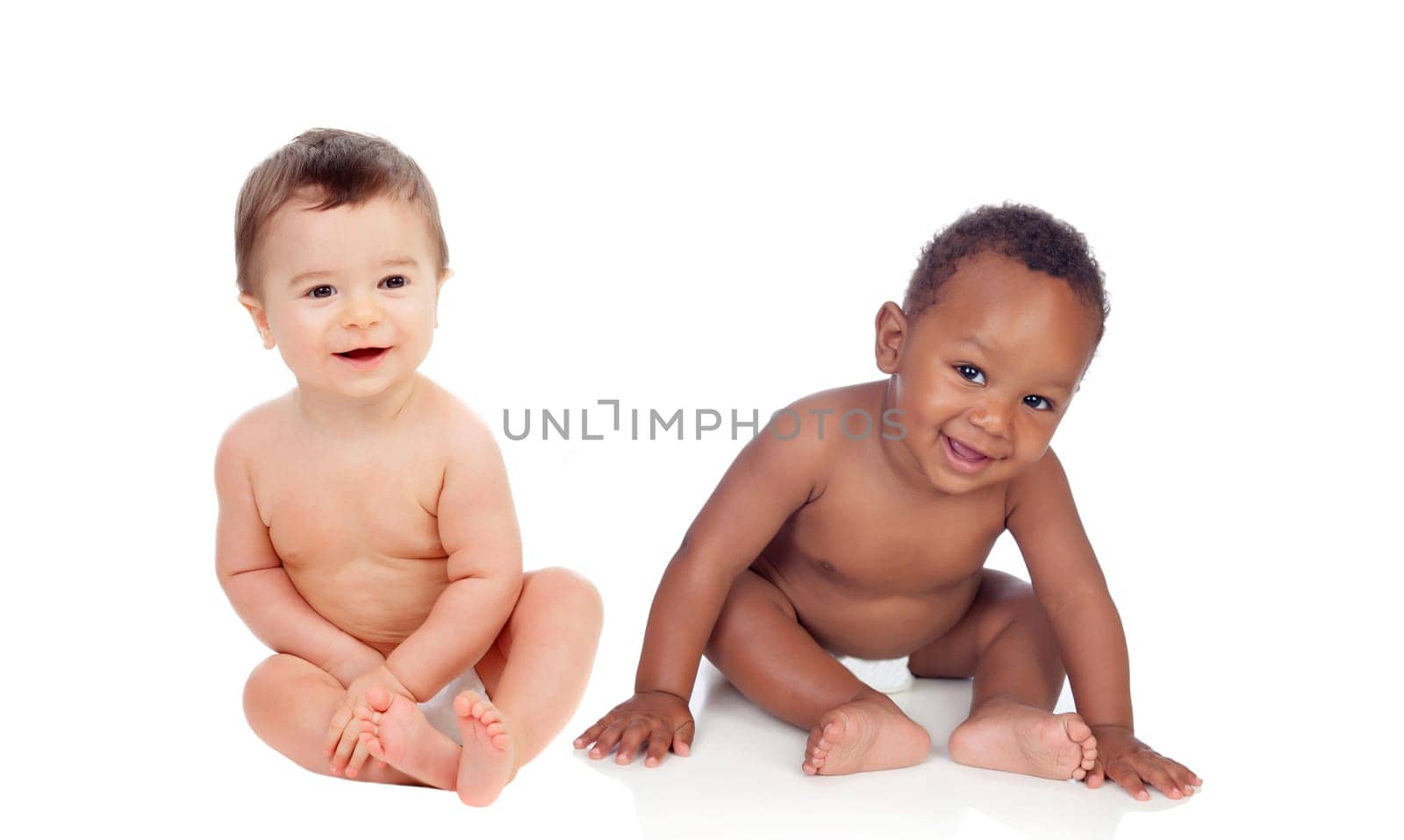 Two funny babies laughing isolated on a white background