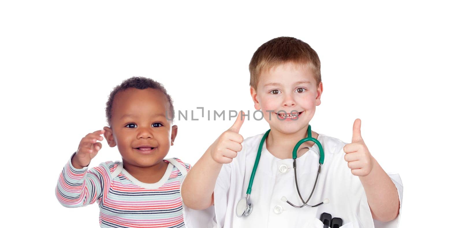Little doctor saying Ok with a cute patient isolated on a white background