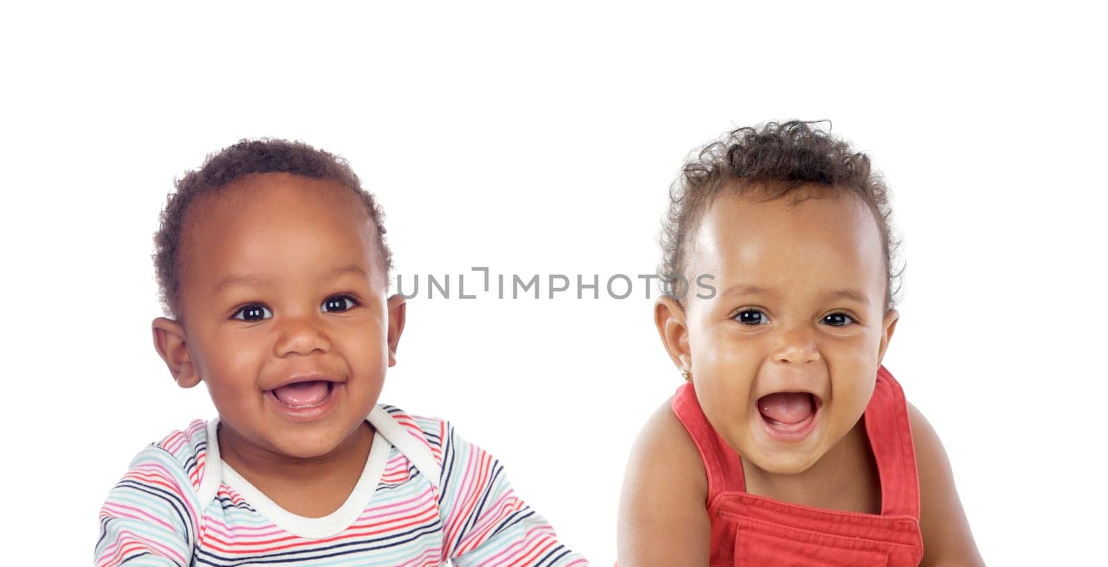 Two funny babies laughing isolated on a white background