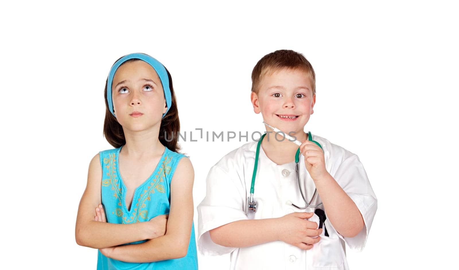 Small doc with a thermometer and a pensive patient looking up