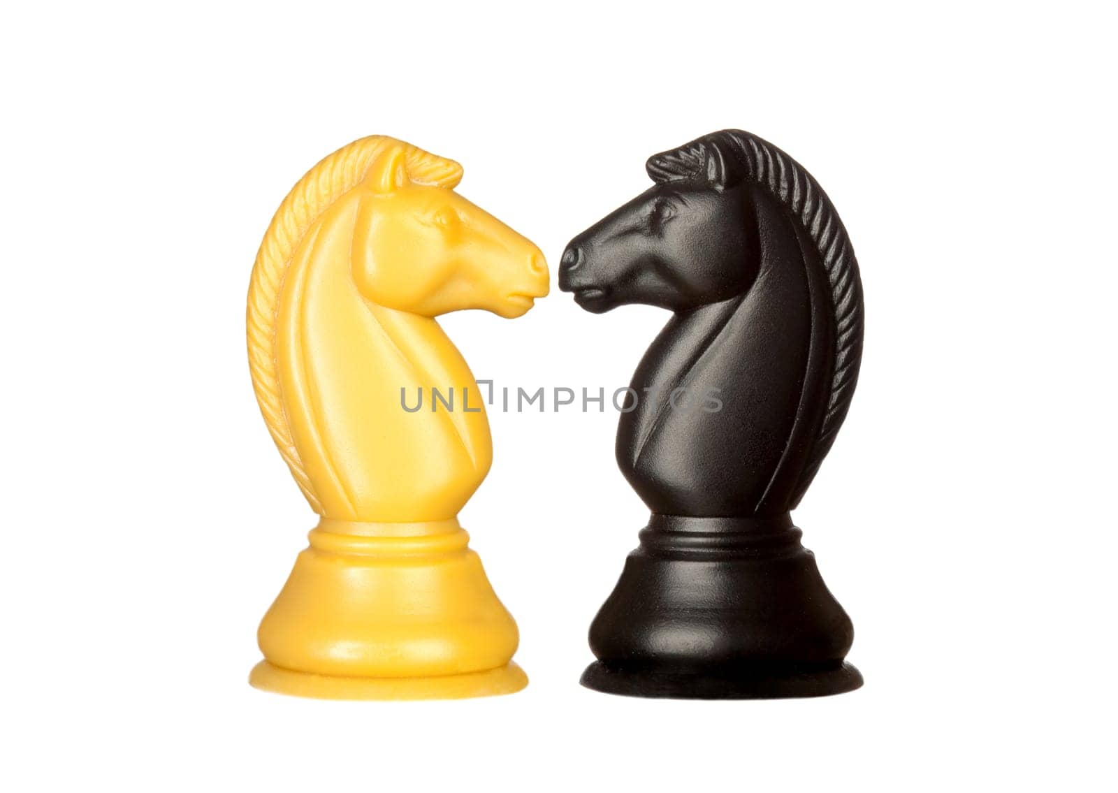 Black and white knights face to face. Symmetrical pieces of chess