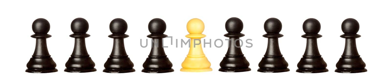 Many pawns black and other one yellow isolated on a white background