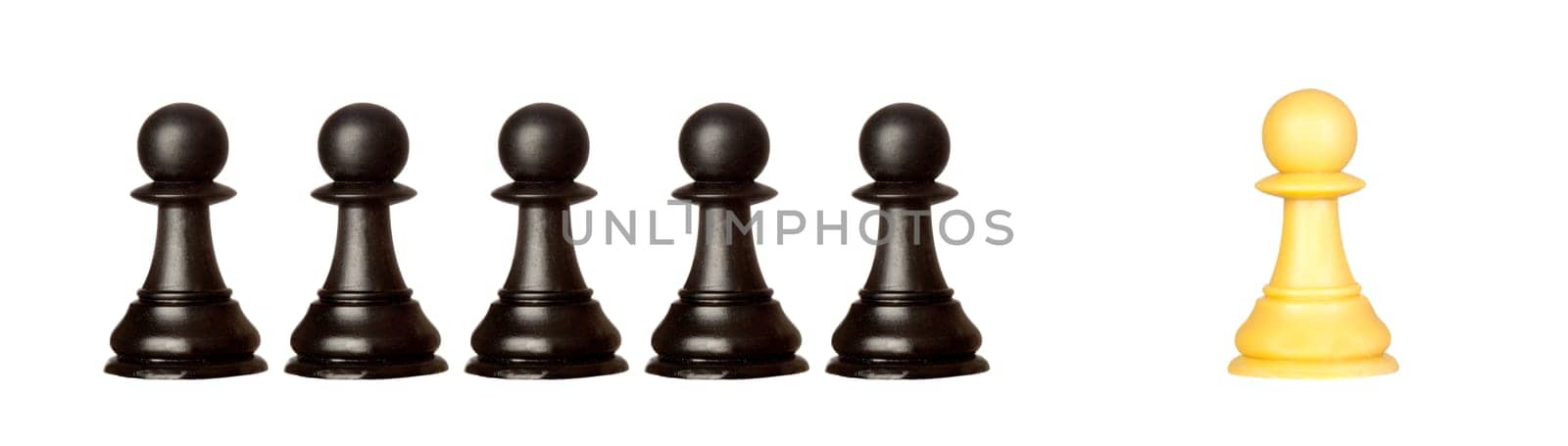 Many pawns black and other one yellow isolated on a white background