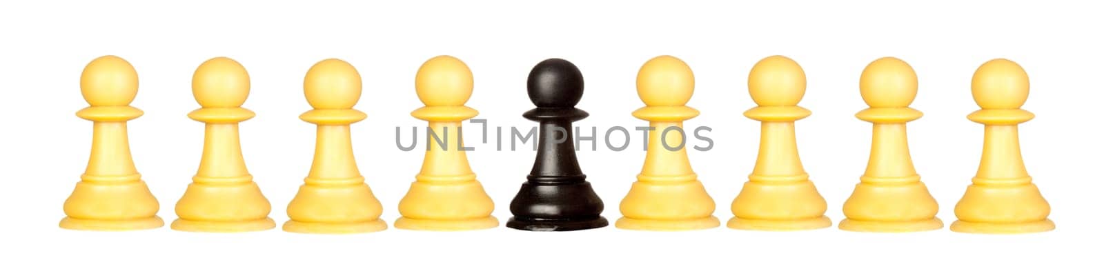 Many pawns yellow and other one black isolated on a white background
