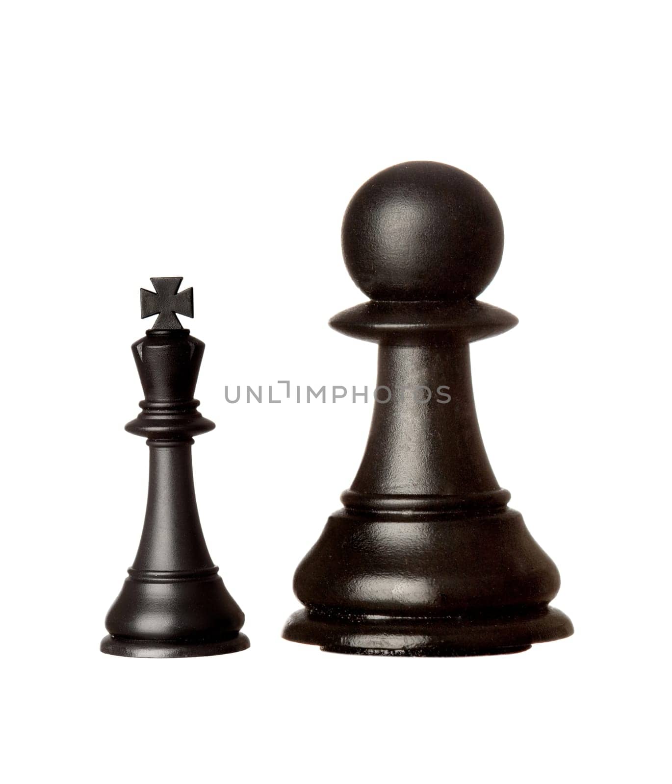 Big black pawn and small king isolated on a white background