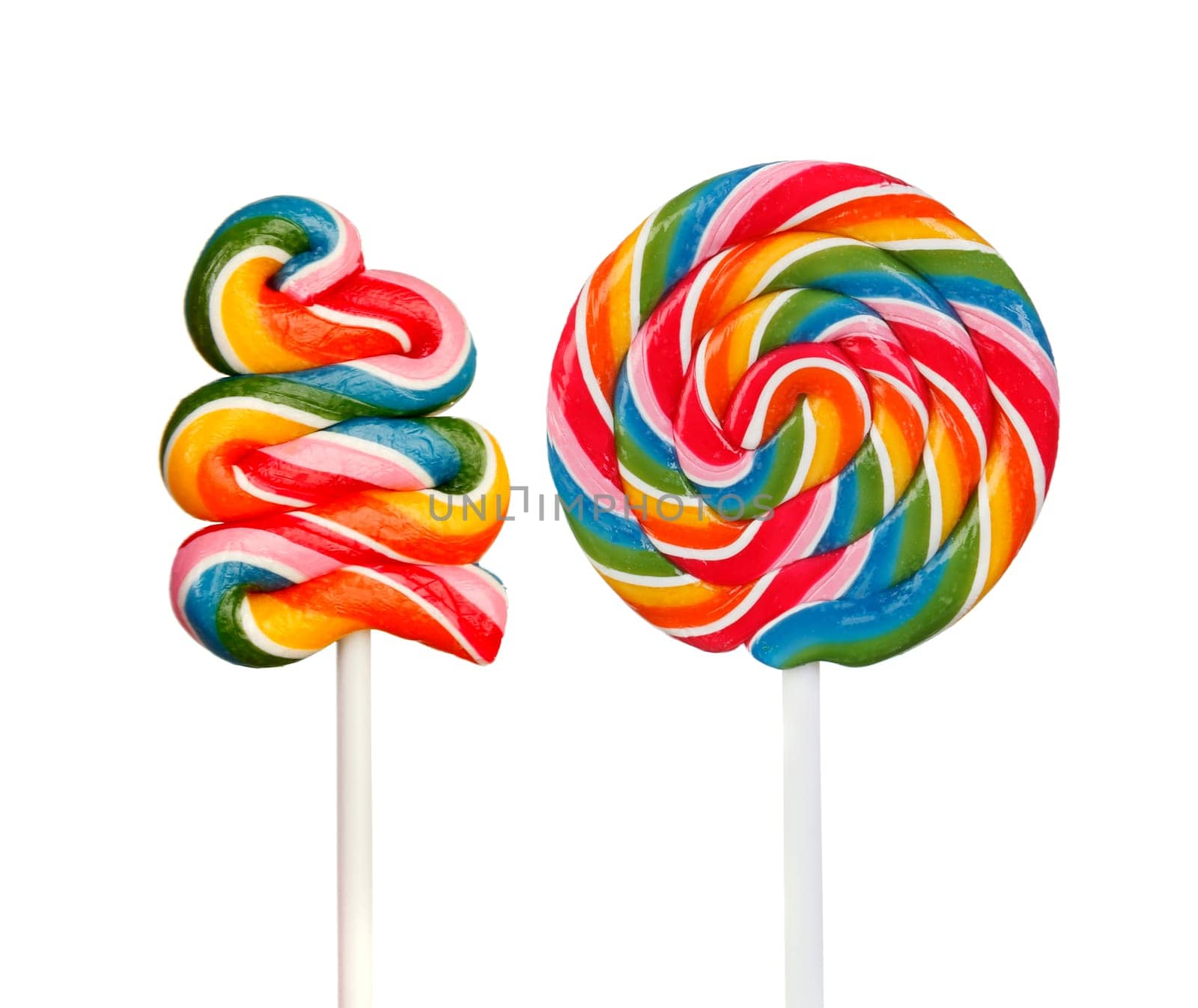Two lollipops with many colors in a spiral isolated on a white background